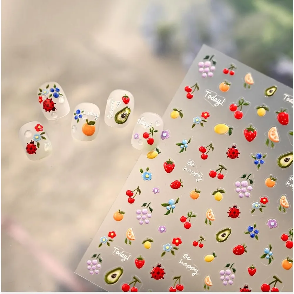 5D Embossed Fruit Nail Stickers: Strawberry, Blueberries, Lemon, Cherry for Nail Art and Nail Design