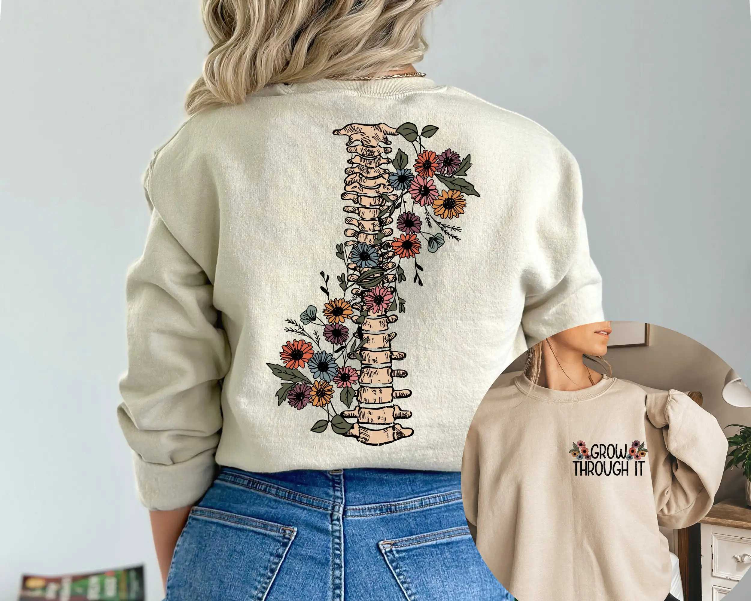 

Grow Through It Slogan Women Sweatshirt New Fashion Floral Spine Print Female Sweater 2023 Voguish Holiday Comfort Girl Tops