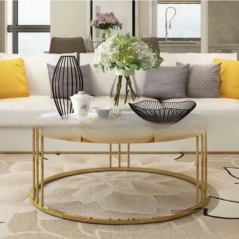 Mesa de centro nórdica posmoderna de acero inoxidable, encimera de mármol, invitados a reuniones para negociar la moda, mesa de borde redondo