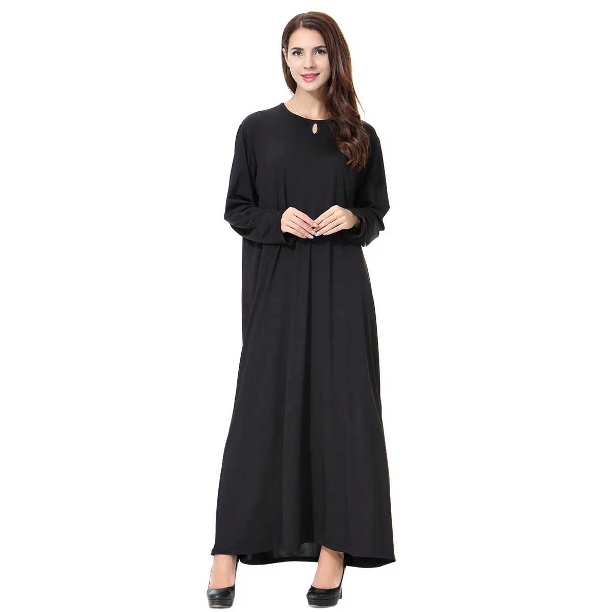 Pure Color Long Dr Overhead Sle for Women Middle Waist Large Hem Swing Skirt Traditional Arab Dr for Autumn Season