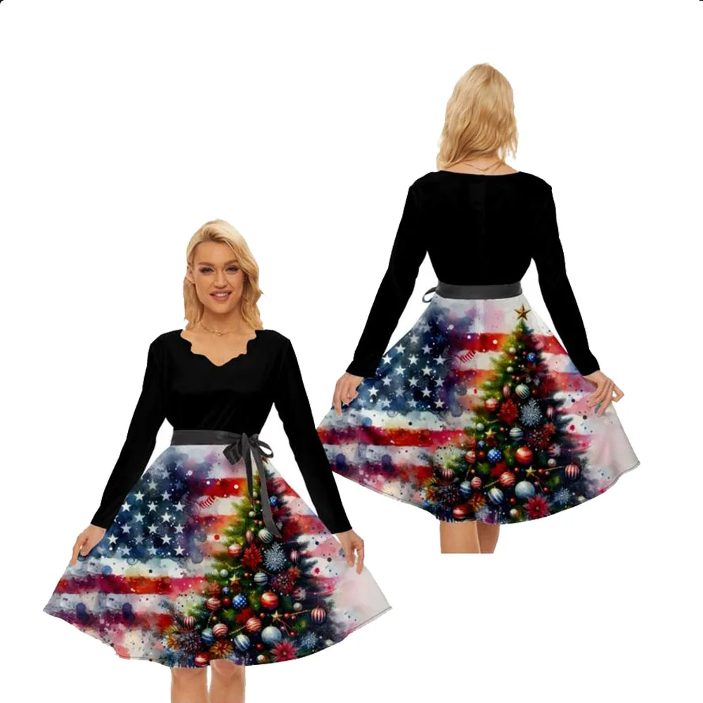 Christmas Costumes Matching Set For Couples,Christmas Tree Ball Patriotic Flag Paint Splatter Printed Outfits Shirt And Dress