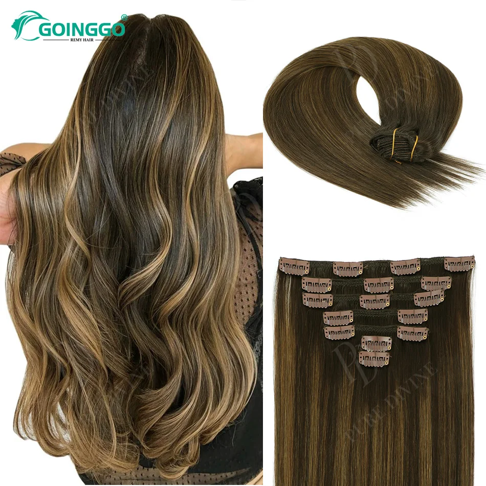 

Classic 7Pcs Clip In Human Hair Extensions Remy Straight Full Head Clip On Hair Balayage Dark Brown Mixed Chestnut Brown T2/2/6