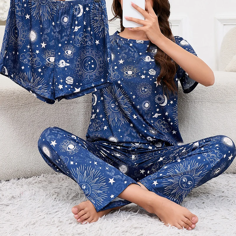 3-Piece Heart Print Pajama Women Sleepwear Home Clothes Short Sleeve Top with Shorts & Long Pants Pajamas Loungewear Short Suit