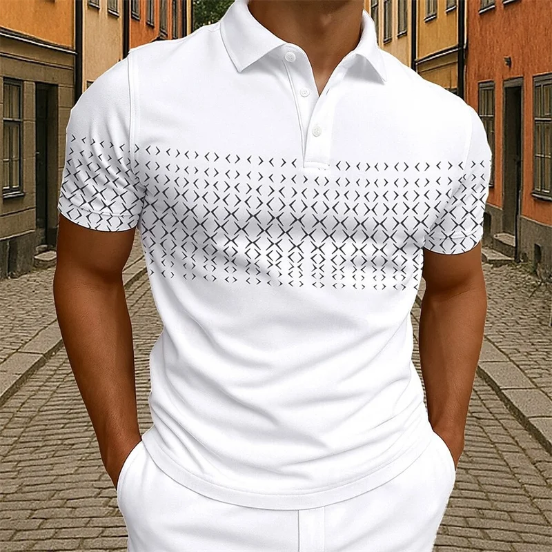 Men's Fashion POLO Shirt Golf Polo Casual 3D Printed Short Sleeve Rollover Micro Elastic Lapel Polo Shirt