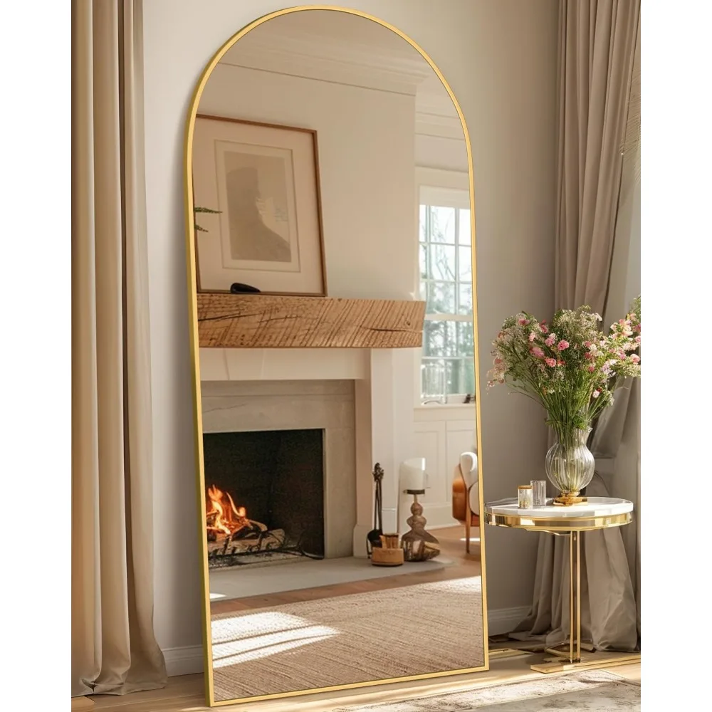 Grande espelho de chão arqueado, 68 x 26 espelhos emoldurados de alumínio de corpo inteiro, espelhos decorativos independentes para casa