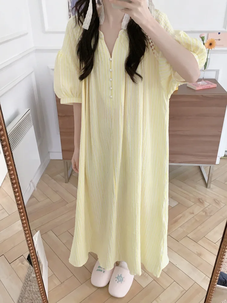 Korean Style Striped Pure Cotton Nightdress Lightweight Double Layer Yarn Short Sleeved Loungewear Pajamas for Summer One Size
