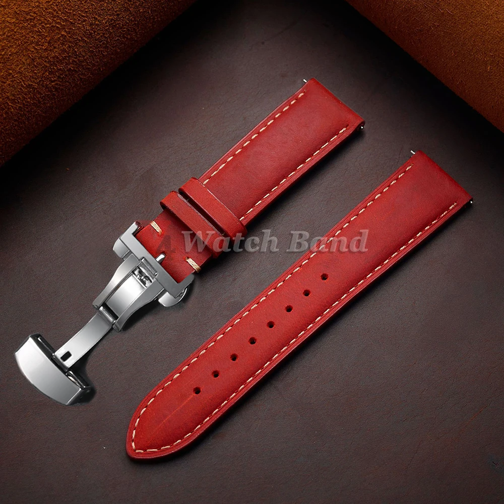 nxalp Echtes Kalbslederarmband für Omega Business Uhrenarmband für Seiko 14/16/18/20/22/24 mm Butterfly-Schnallennaht, braunes Armband 4