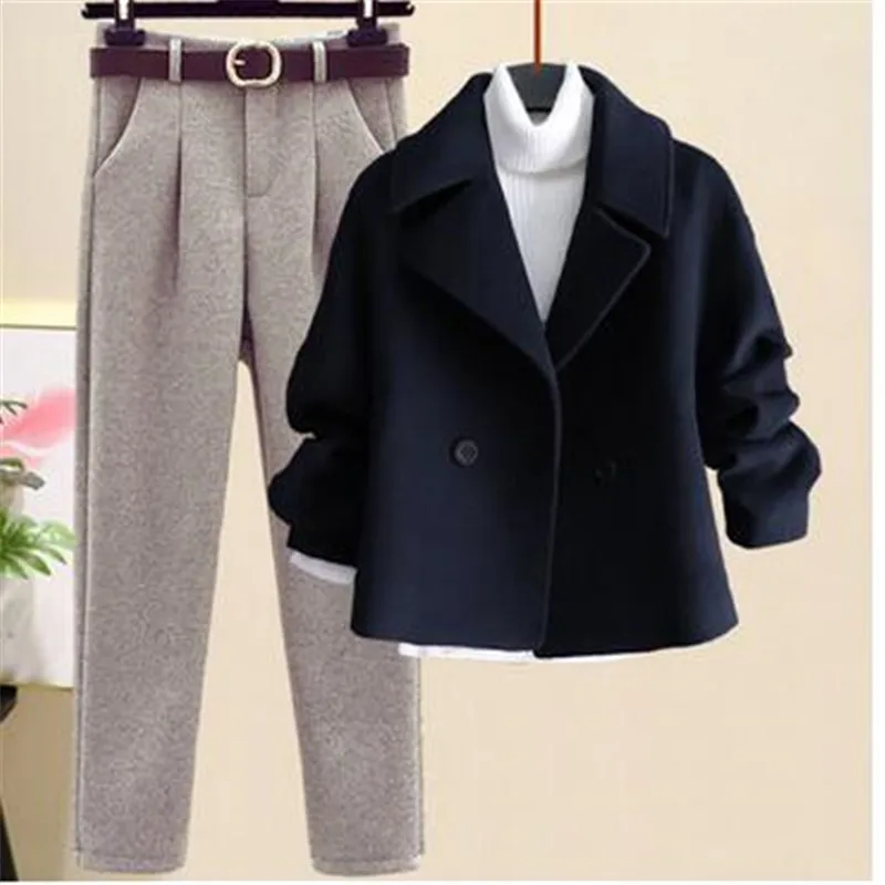 2023 Autumn Winter Wool Suit Jacket Jacket Long Sleeve Knitted Sweater Casual Trousers Three Piece Set Elegant Women\'s Pant Set