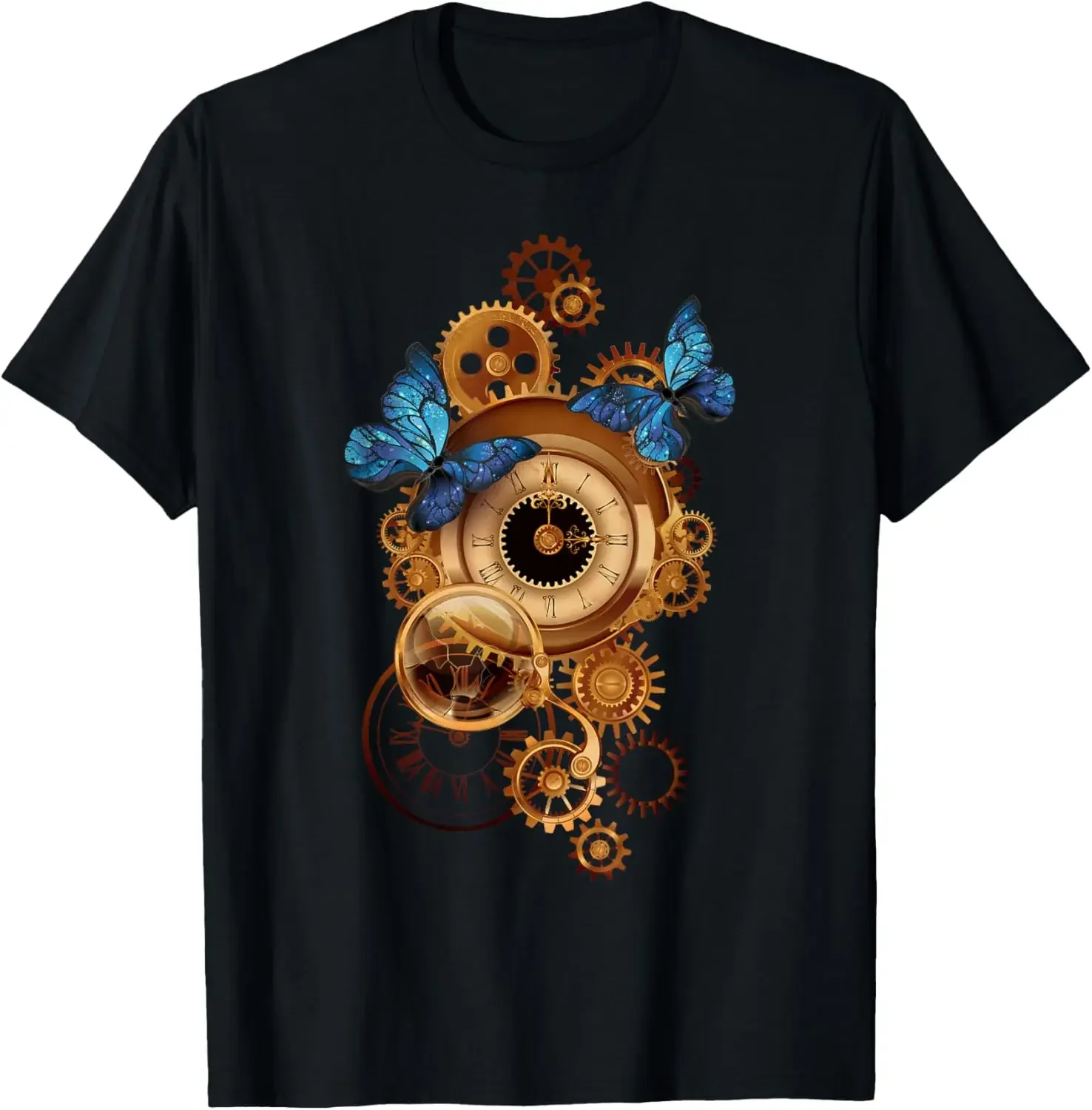 

Steampunk Clock Butterflies Graphic Tee Men Short Sleeve Breathable Cotton T-Shirt Casual