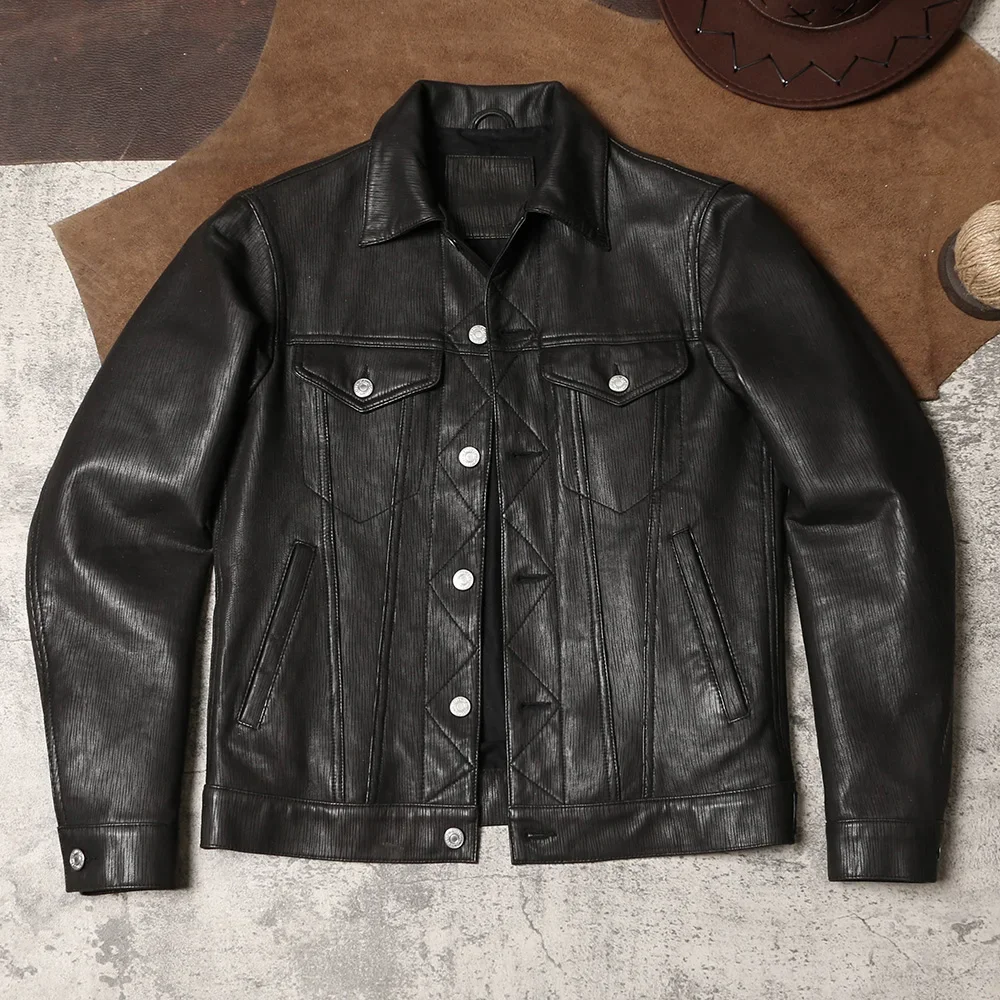 

507 goatskin jacket Spring and Autumn men's lapel tooling slim leather leather denim jacket
