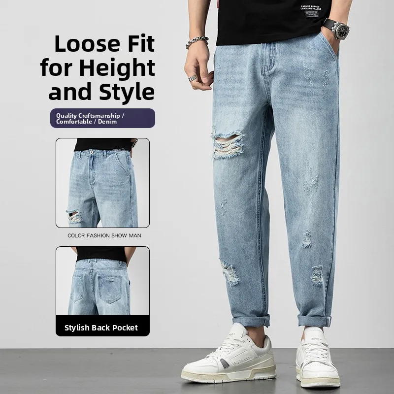 

Ripped Loose Straight Leg Harlan Jeans Men's Summer Thin Faion Brand Cotton Stretch Denim Youthful Sle Casual Wear