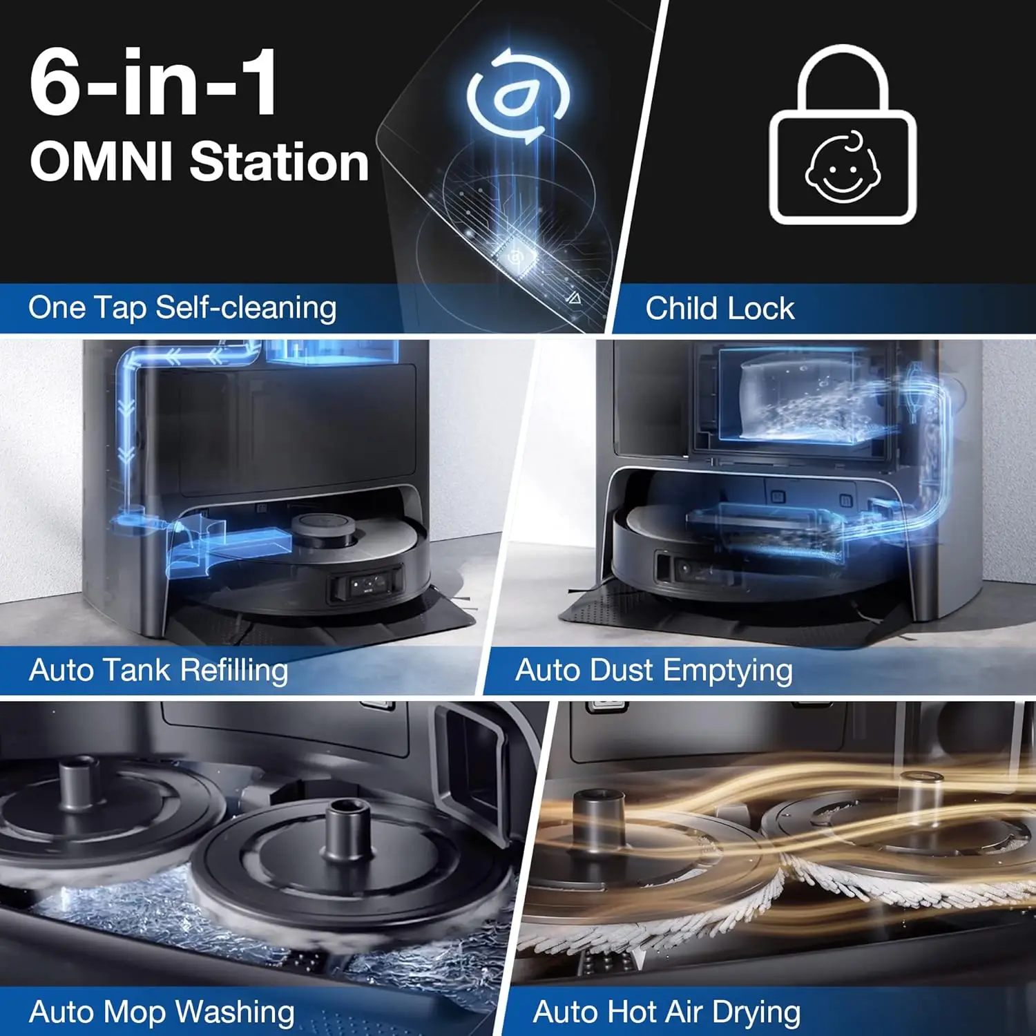 Omni Robot Vacuum and Mop Combo with Self-Emptying, Auto-Wash, Auto-Refill and Auto-Hot Air Drying, 5000Pa Suction