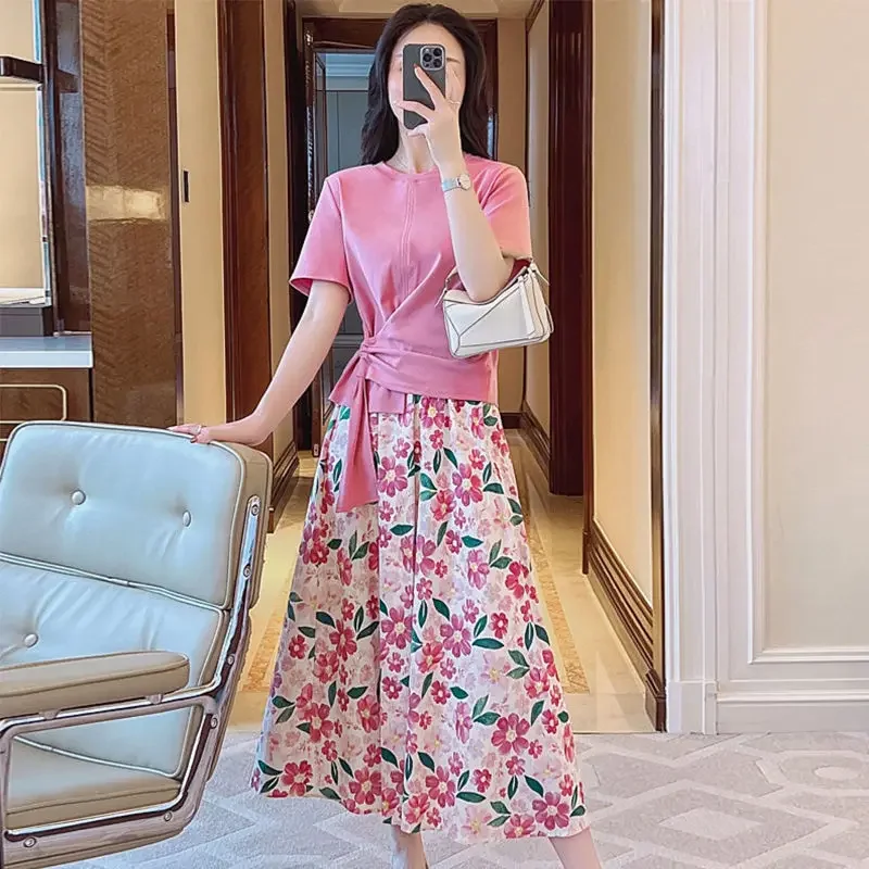 Elegant Flower Print Patchwork Pleated Skirts Spring Summer 2023 New Leisure Contrast Color High Waist Loose Skirt