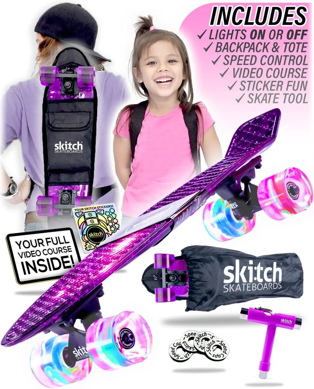 Complete Skateboard Set for Beginners & Pros with Cruiser Board, Backpack, Video Course & Tools