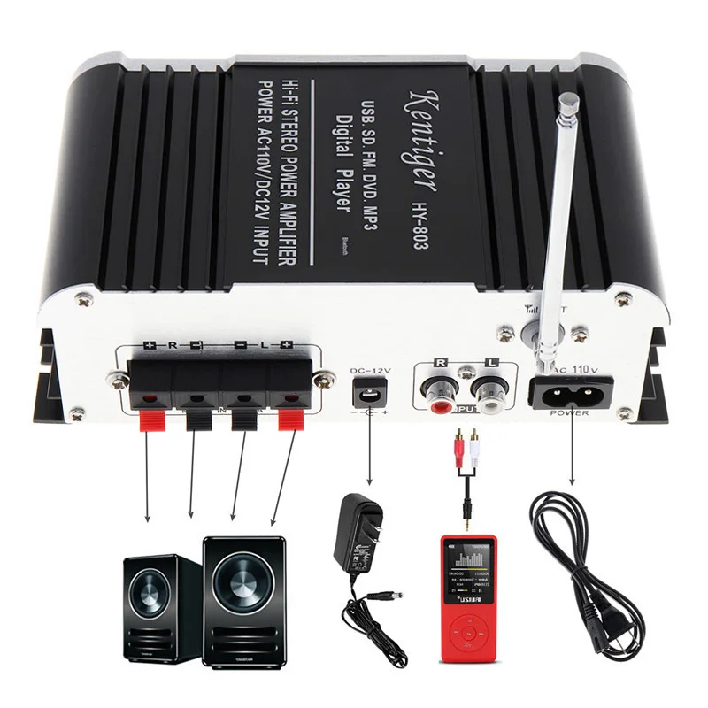HY-803 2CH HI-FI Bluetooth Car Audio Power Amplifier FM Radio Player Support SD / USB / DVD / MP3 Input for Car Motorcycle Home