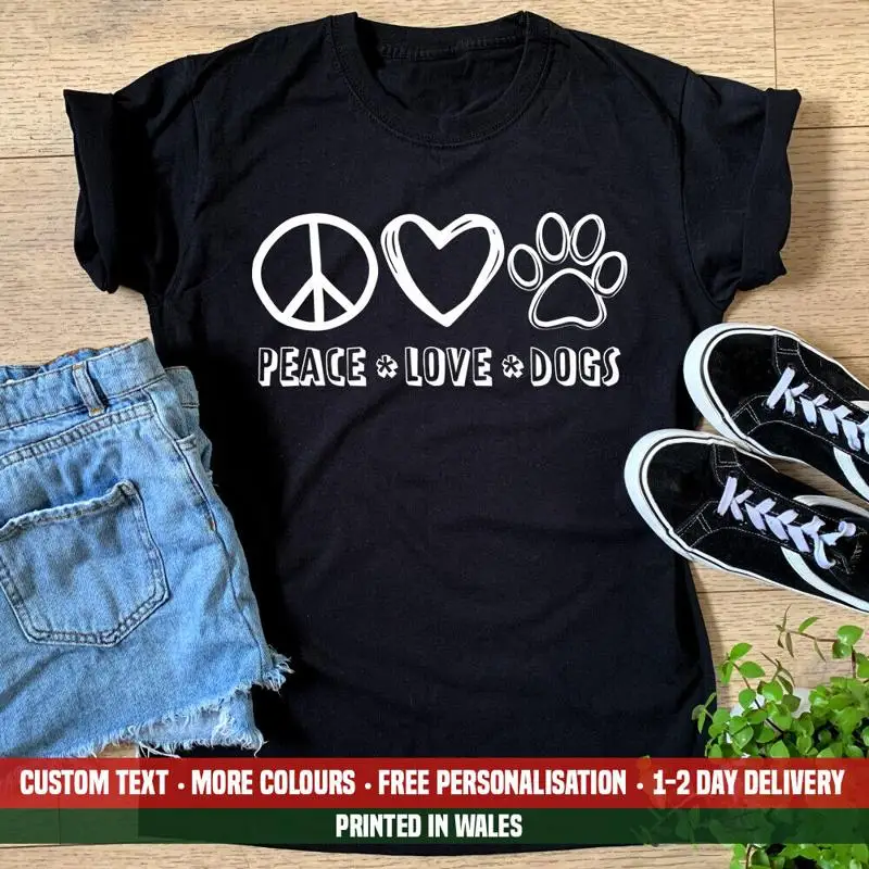 

Ladies Peace Love Dogs T Shirt Funny Cute Mum Puppy Dog Mam Mom Top