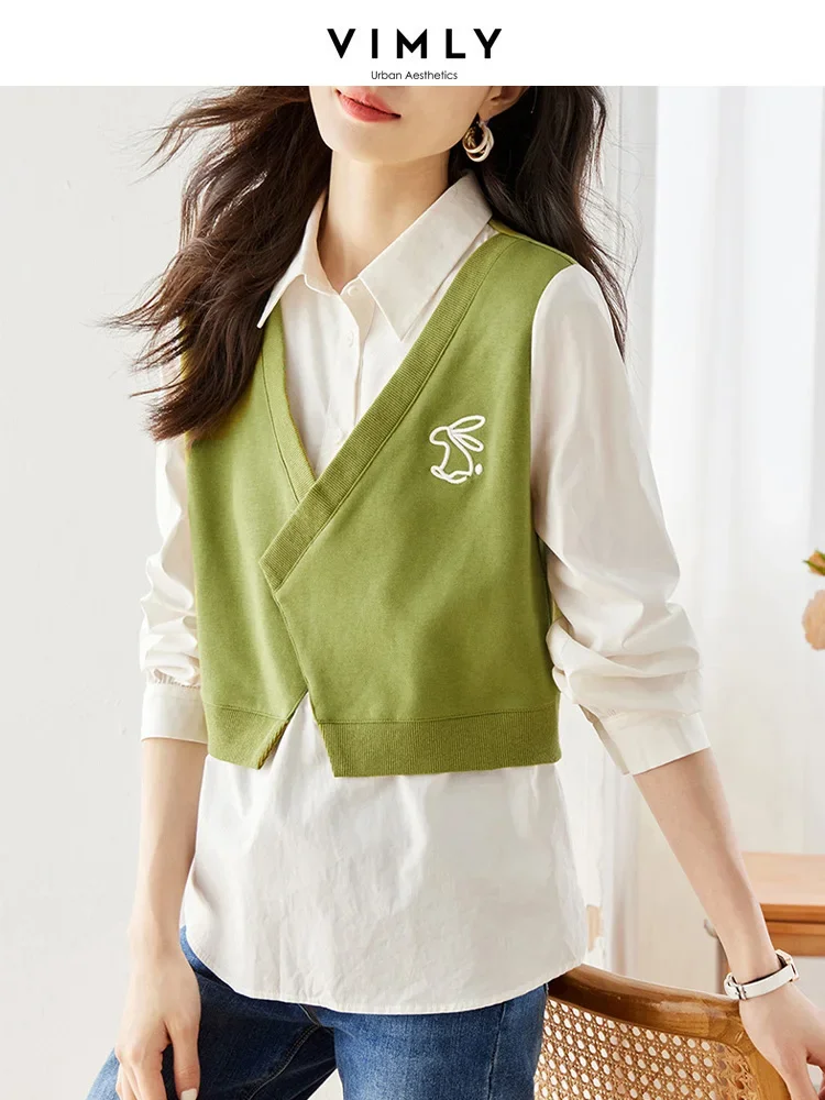 Vimly Fake Two Blouse for Women 2023 Autumn Fashion Turn-down Collar White Long Shirt and Green Knitted Vest Women Blouse M2560