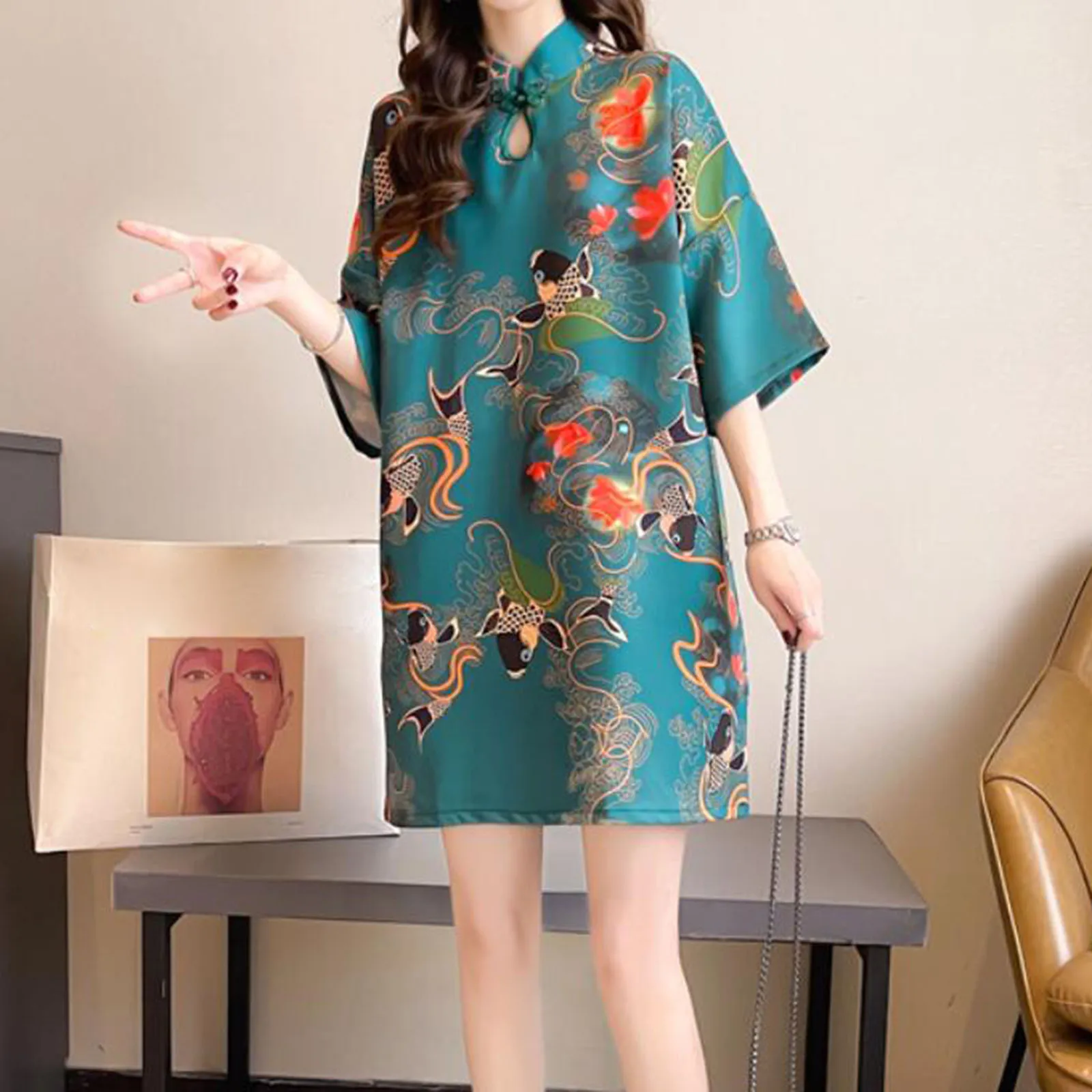 Lady Qipao Dress Women Improved Cheongsam Dress Chinese Evening Dress Loose Fit Casual Formal Events Mandarin Collar for Events