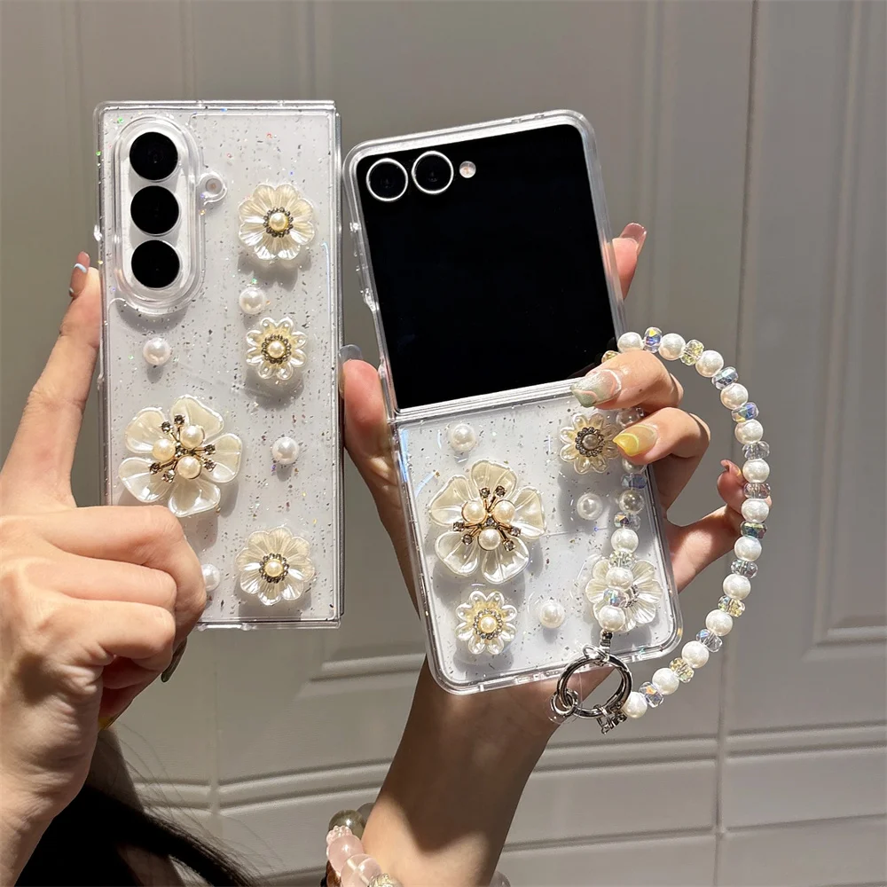Vintage Elegant Stylish 3D Pearl Flower Glitter Phone Case for Samsung Galaxy Z Fold 7 Crystal Bead Strap Cover for Z Flip 7-3