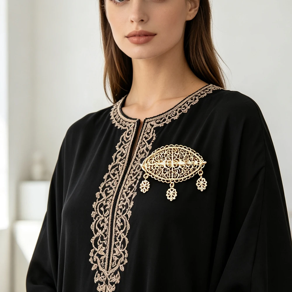 Sunspicems Chic Arabic Women Brooch Hollow Filigree Pendant Caftan Hijab Pin Gold Color Bridal Wedding Jewelry