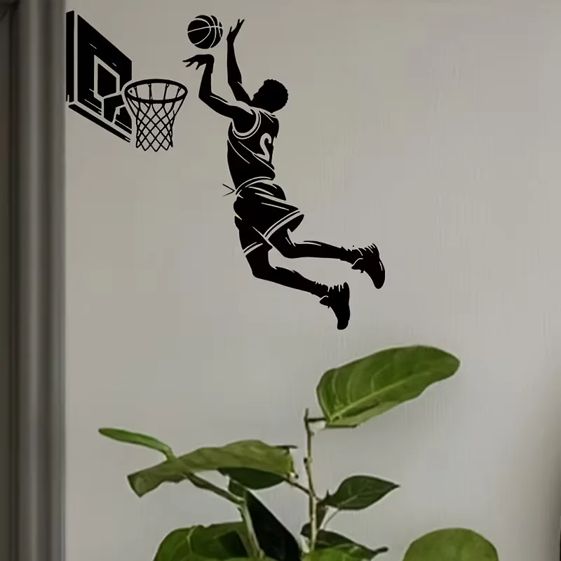 1pc Basketball Player Silhouette PVC Wall Sticker, Pure Black Minimalist Silhouette Depicting a Player in Number 2 Jersey Jumpin