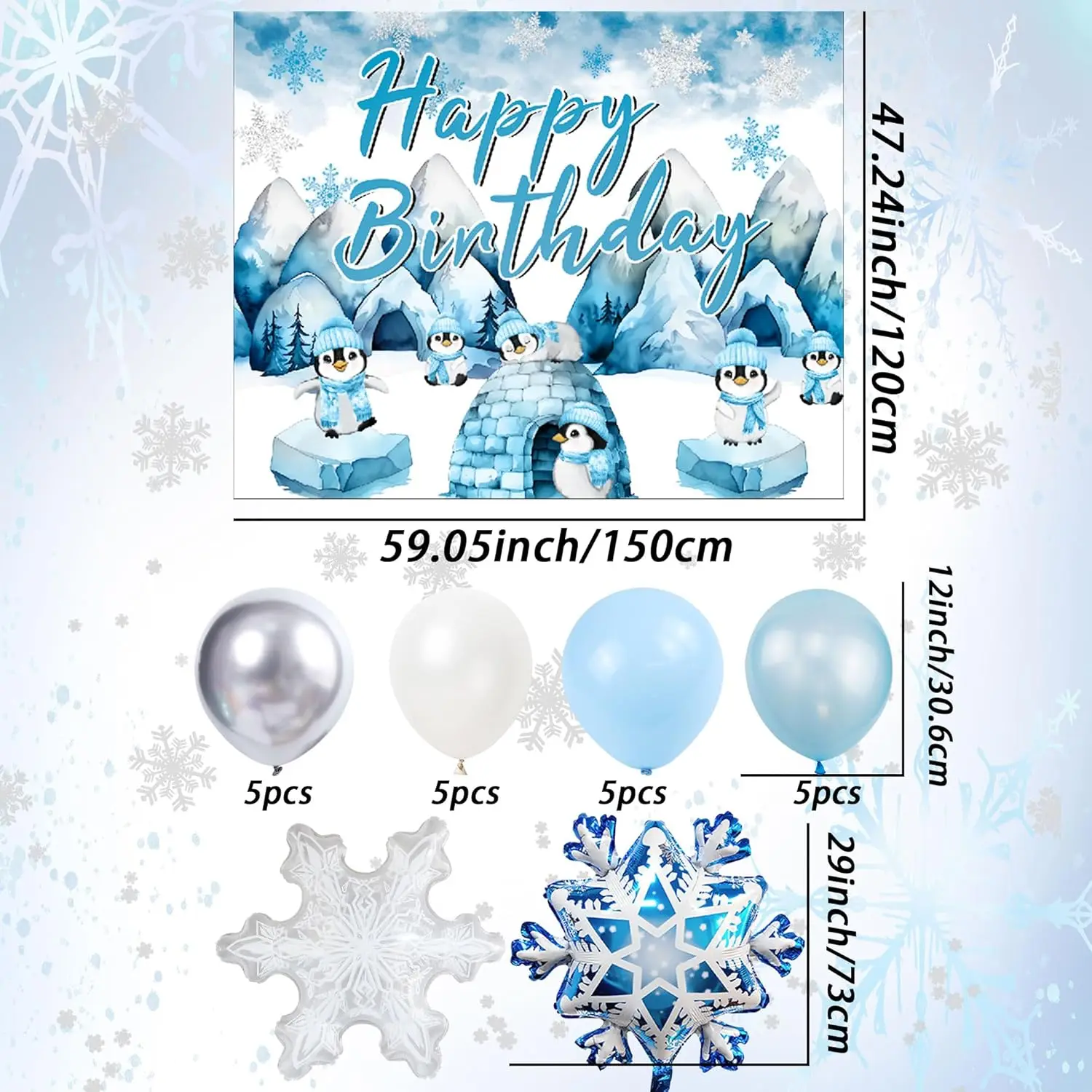 Laventy Winter Onderland Decorazione di compleanno Fiocco di neve Sfondo di compleanno Palloncini con fiocco di neve blu argento