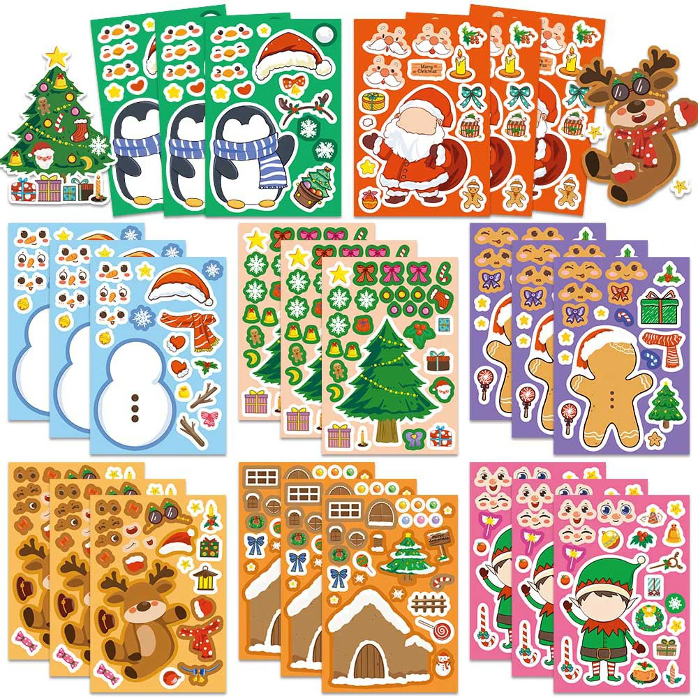 8/16 Blatt Frohe Weihnachten Puzzle Aufkleber Cartoon Weihnachtsmann Make a Face Puzzle Aufkleber Lustige Montage Bildung Spielzeug Jungen Mädchen
