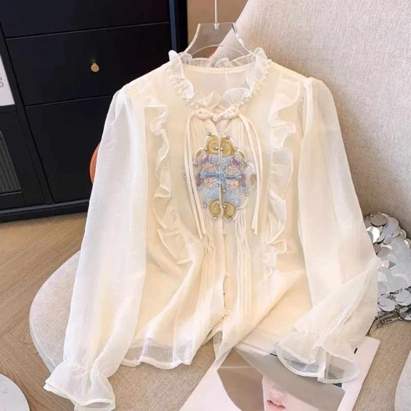 Nieuwe Chinese Sle Geborduurde Kant Trim Bubble Sve Chiffon irt Dames Zomer 2025, Faionable Top Stand Kraag Lange Sve