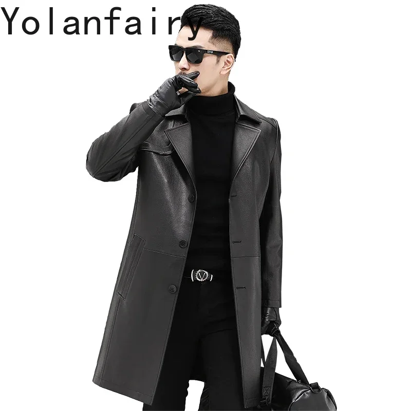 

YOLANFAIRY Fashion Genuine Leather Jacket Men Clothing Coats Suit Collar Goatskin Coat Deerskin Pattern Long Plush Windbreaker