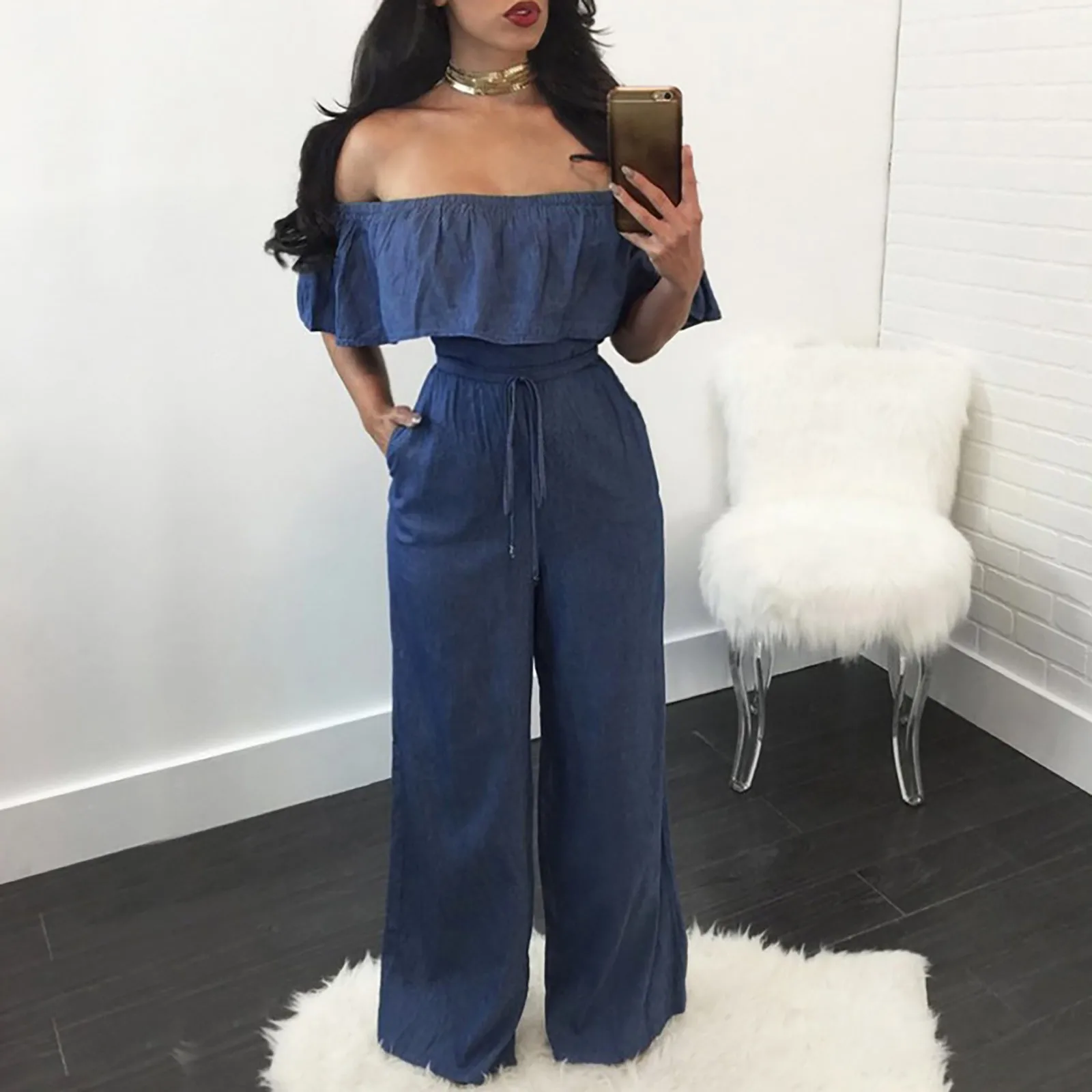 Mulheres Ruffles Fora Do Ombro Macacão Longo Macacão Bodysuit Calças Gerais Calças Perna Larga Plus Size Moda Denim Jumpsuits