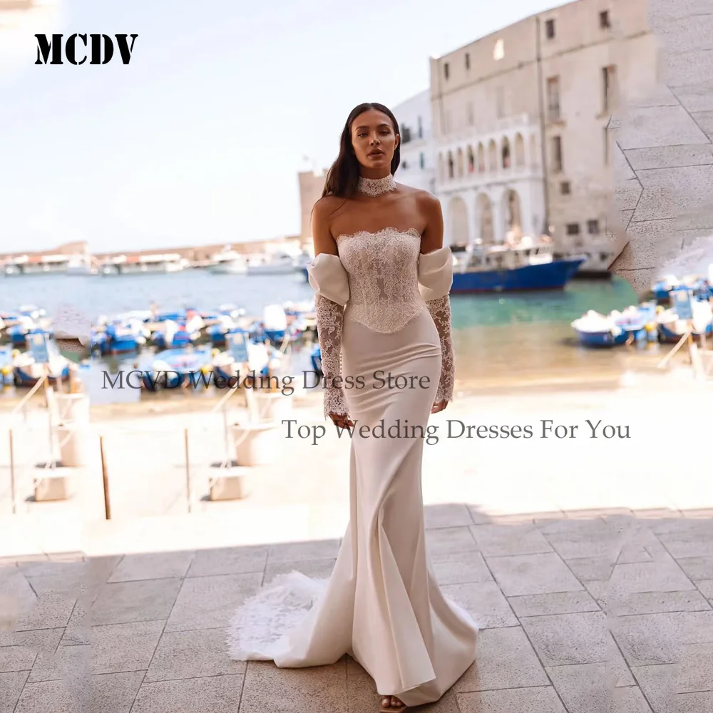

MCDV Customized Mermaid Strapless Wedding Dresses Detachable Sleeve Applique Corset Satin Bride Gowns vestidos de novias 2026