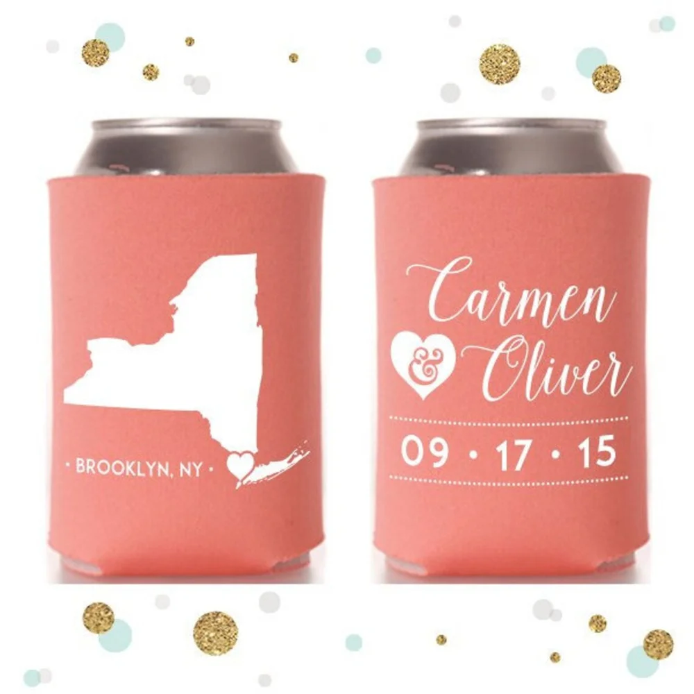 State or Province - Wedding Can Cooler #1R - Custom - Bridal Wedding Favors, Beverage Insulators, Beer Huggers