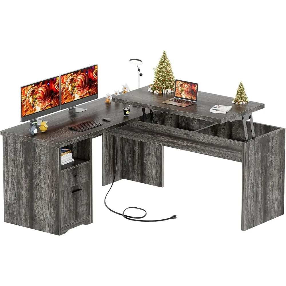 Bureau d'ordinateur en forme de L avec tiroir, bureau relevable avec prises de courant et ports de chargement USB