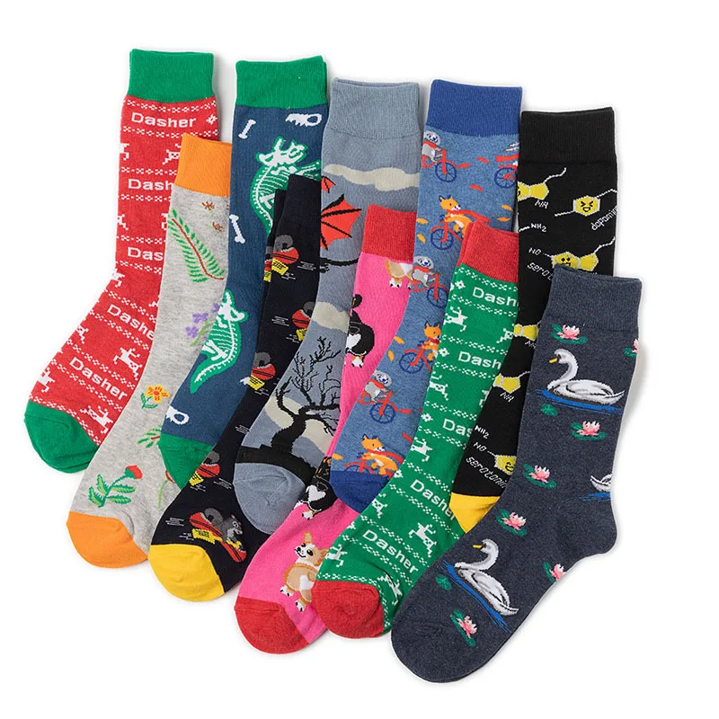 Combed Cotton Men's Socks Colorful Print Cat Dog Plants Cartoon Men Happy Funny Skateboard Socks