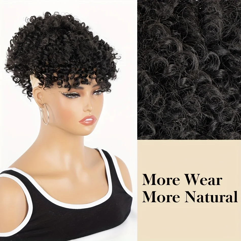 アフロパフドローストリングポニーテール、前髪付きポニーテール、女性用縮れ毛カーリーヘアクリップイン前髪、ショートポニーテールエクステンション、アップヘアピ