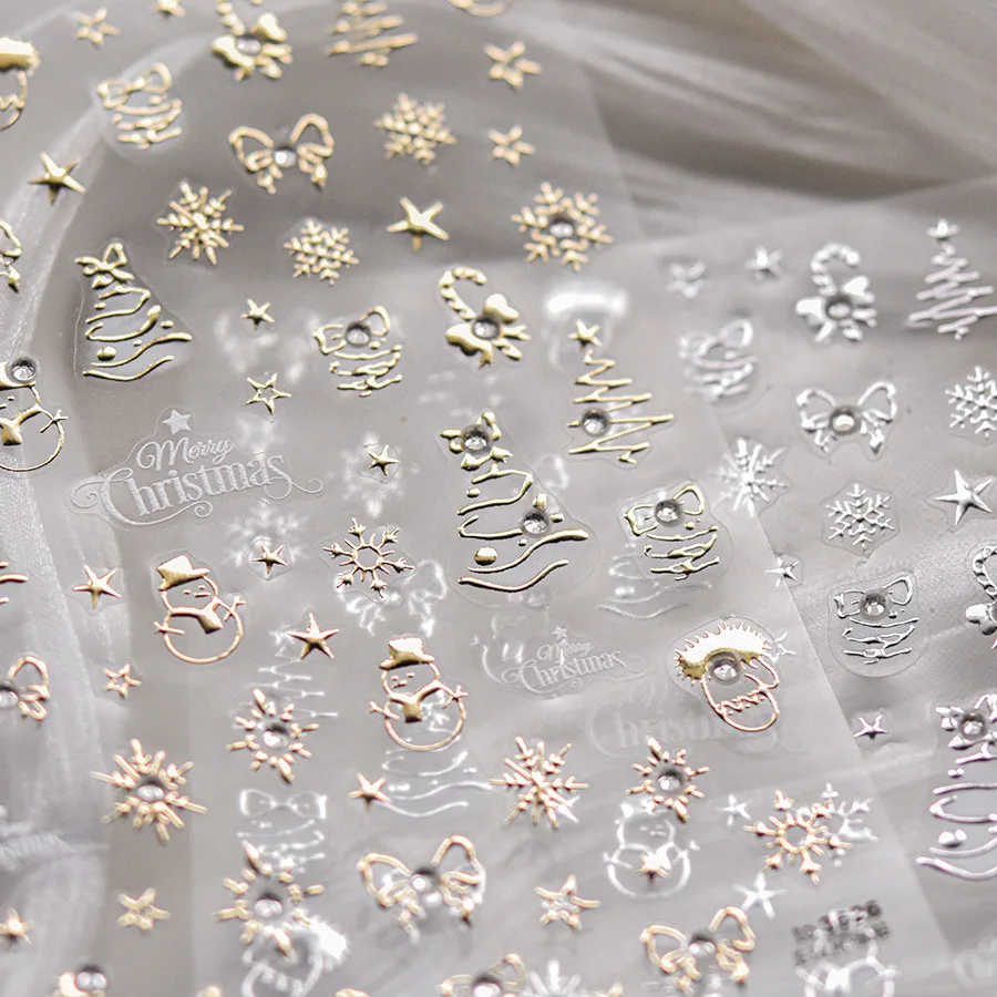 1pcs Gold Silver Laser Christmas Nail Sticker 5D Reliefs Tree Bow Self Adhesive Nail Art Stickers DIY Manicure Decortions Decals