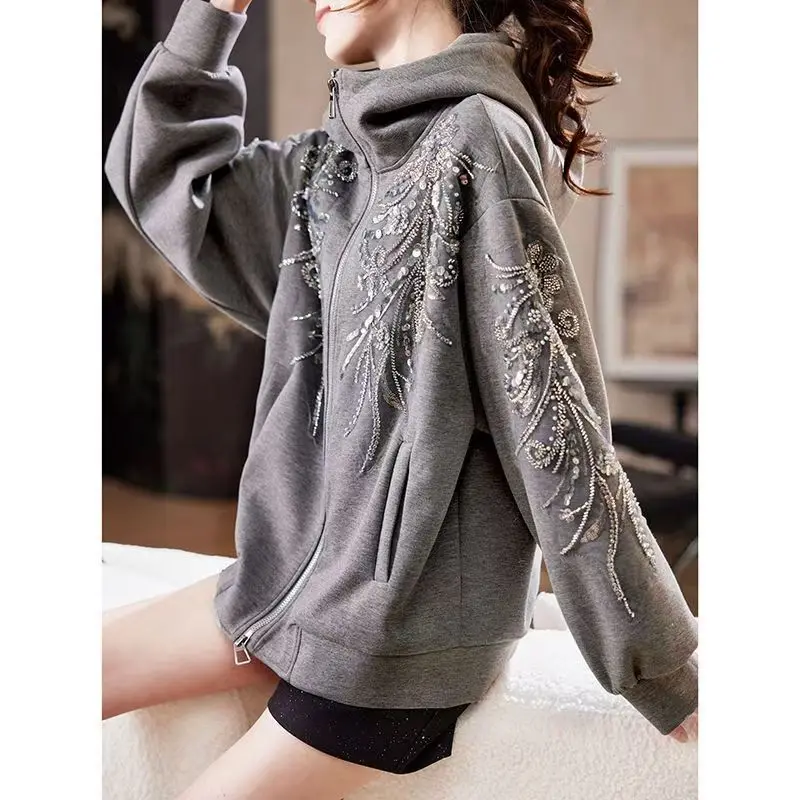 High Street Gothic Retro Large Area Pattern Embroidered Hoodie Y2K Large Casual Loose Zipper Sweatshirt Clothing