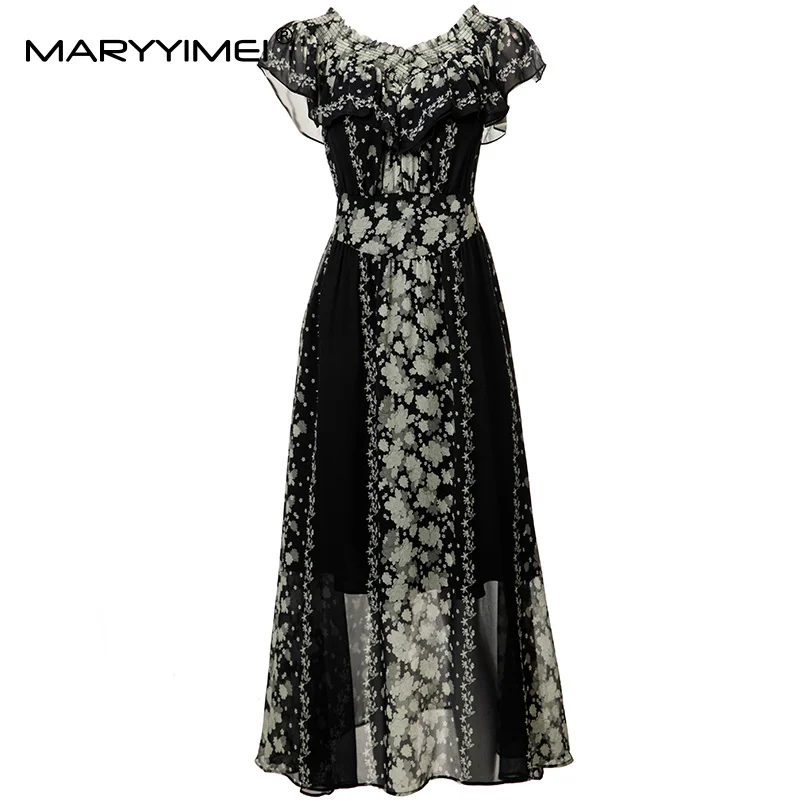

MARYYIMEI Fashion design Women's Party Dress Spring Slash Neck Flounced Edge Vintage Print Big Swing Dresses