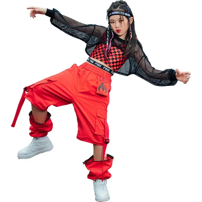 Kids Hip Hop Street Dance Costume Red Lattice Vest Loose Cargo Pants Net Tops for Girls Clothes Jazz Show Stage Outfit