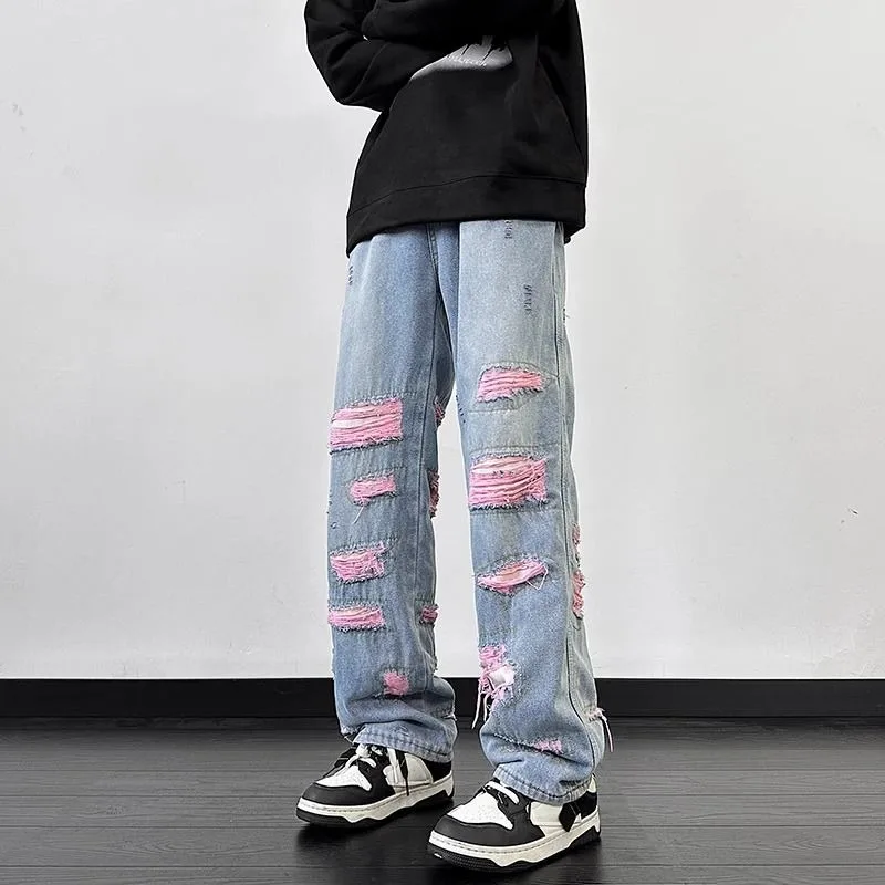 

American Ripped Jeans Men High Street Hip-hop Casual Loose Mid Waist Straight Leg Full Length Versatile Fashion Denim Pants Male