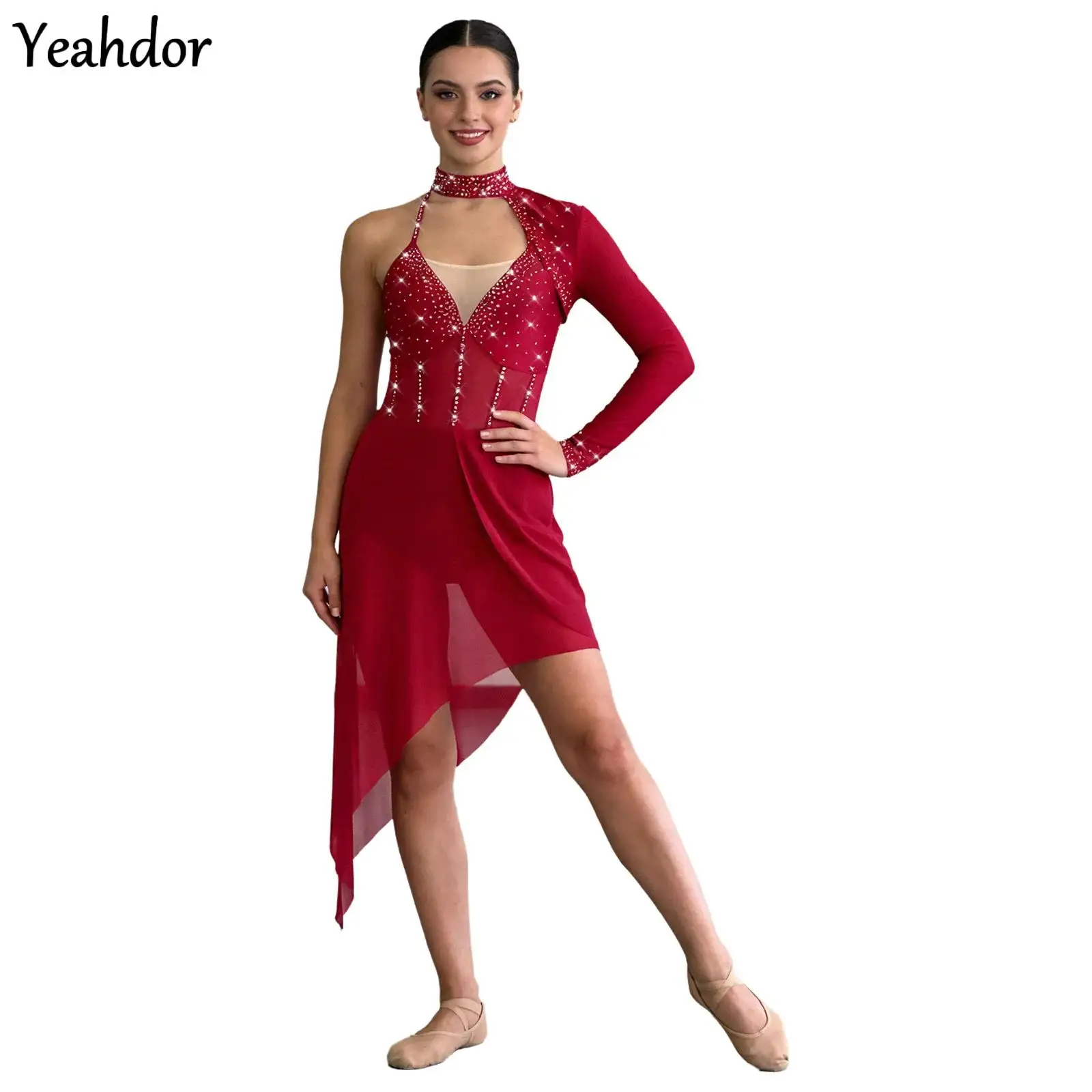 

Womens Lyrical Dance Leotard Dress Rhinestones Bodysuit One Shoulder Long Sleeve Backless Irregular Skating Ballet Dance Dresses