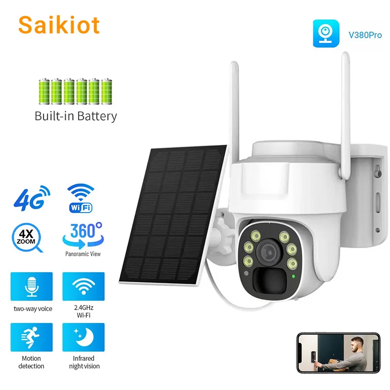 Saikiot 4G Sim Solar Panel Camera WIFI Outdoor CCTV Security Camara PIR Detection Color Night Vision V380 Pro Solar CCTV Camera