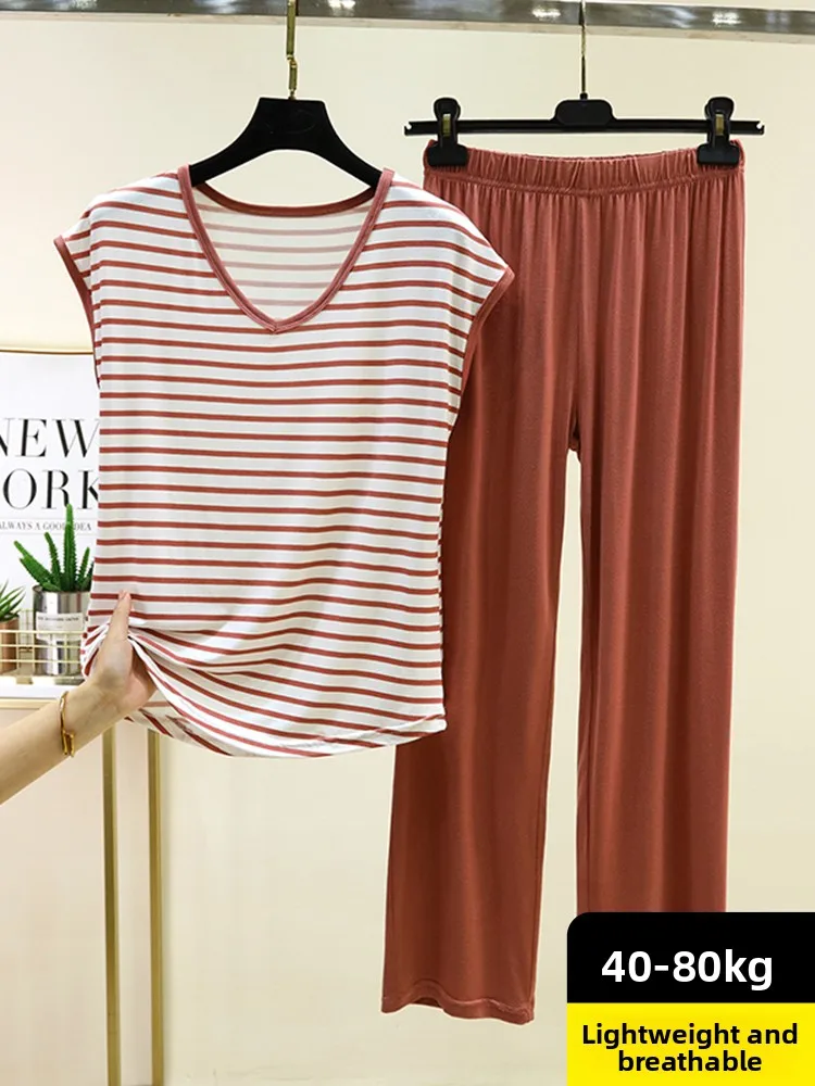

Loose Modal T-Shirt Casual Pants Women's Summer Thin Air Conditioned Sleepwear Set plus Size Base Shirt Long Pants Ensemble