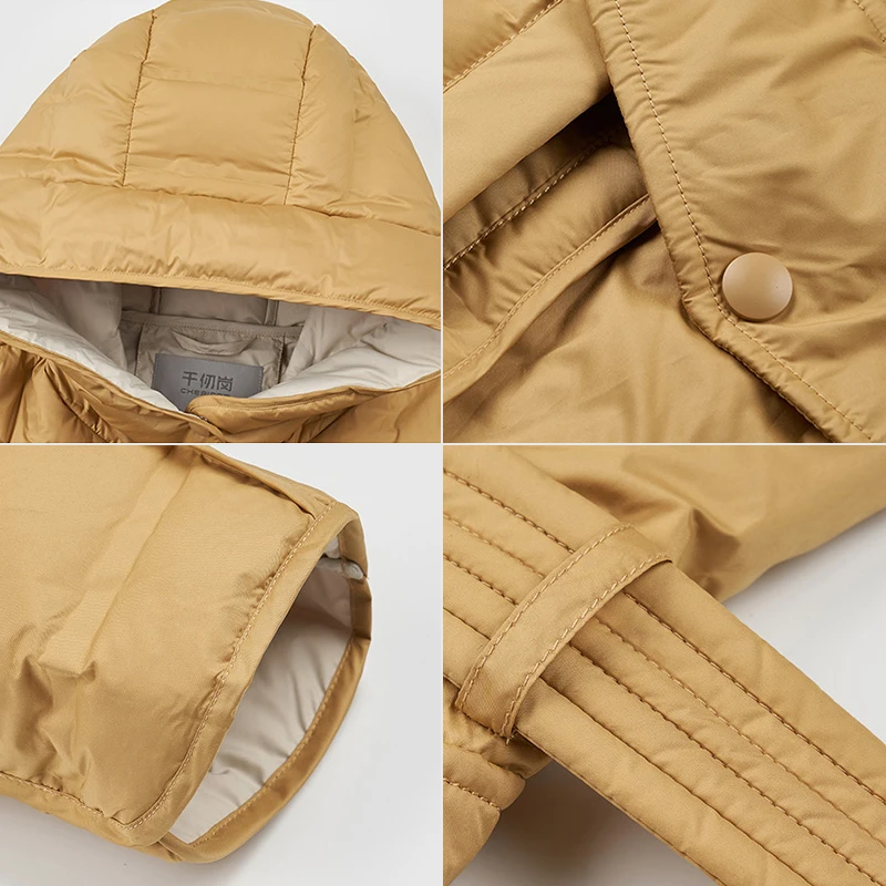 Chericom Women's Mid-Length Down Jackets Belted Lightweight High-neck Hooded Puffer Coats Warm Winter Padded Jacket Y258103Y