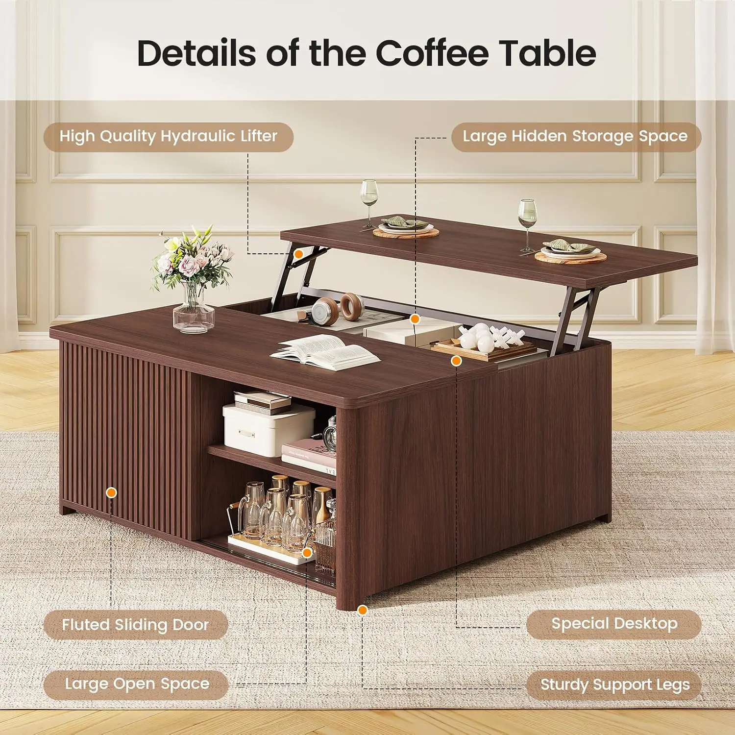 Lift Top Coffee Table with Storage, Square Fluted Hidden Compartment & Adjustable Shelves, 31.5