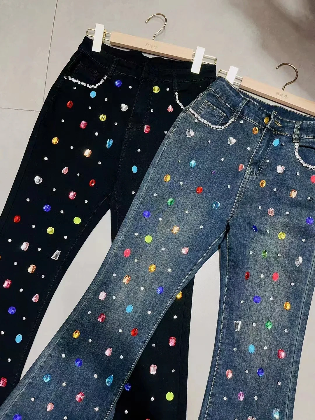 Pantalones vaqueros ajustados de cintura alta para mujer, ropa de otoño, moda coreana, dulce, con diamantes de imitación de Color, 2023