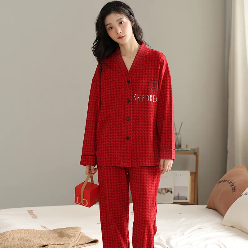 Red Swallow Gird Pajamas Set Women Long Sleeves Long Pants Autumn Winter Sweet Pyjamas Girl Pijamas Soft Cute Sleepwear Cozy Pjs