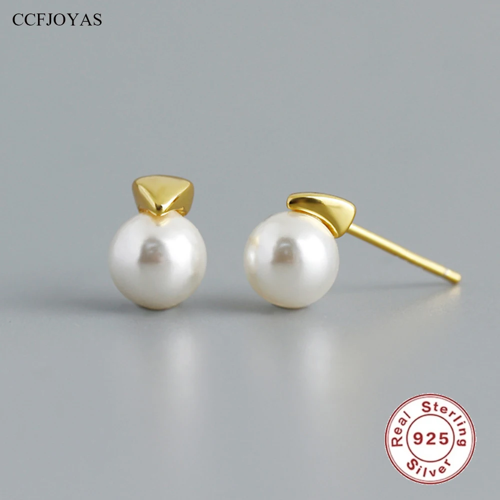 

CCFJOYAS 925 Sterling Silver Round Pearl Stud Earrings for Women Japanese and Korean Simple INS Pearl Earrings Fine Jewelry