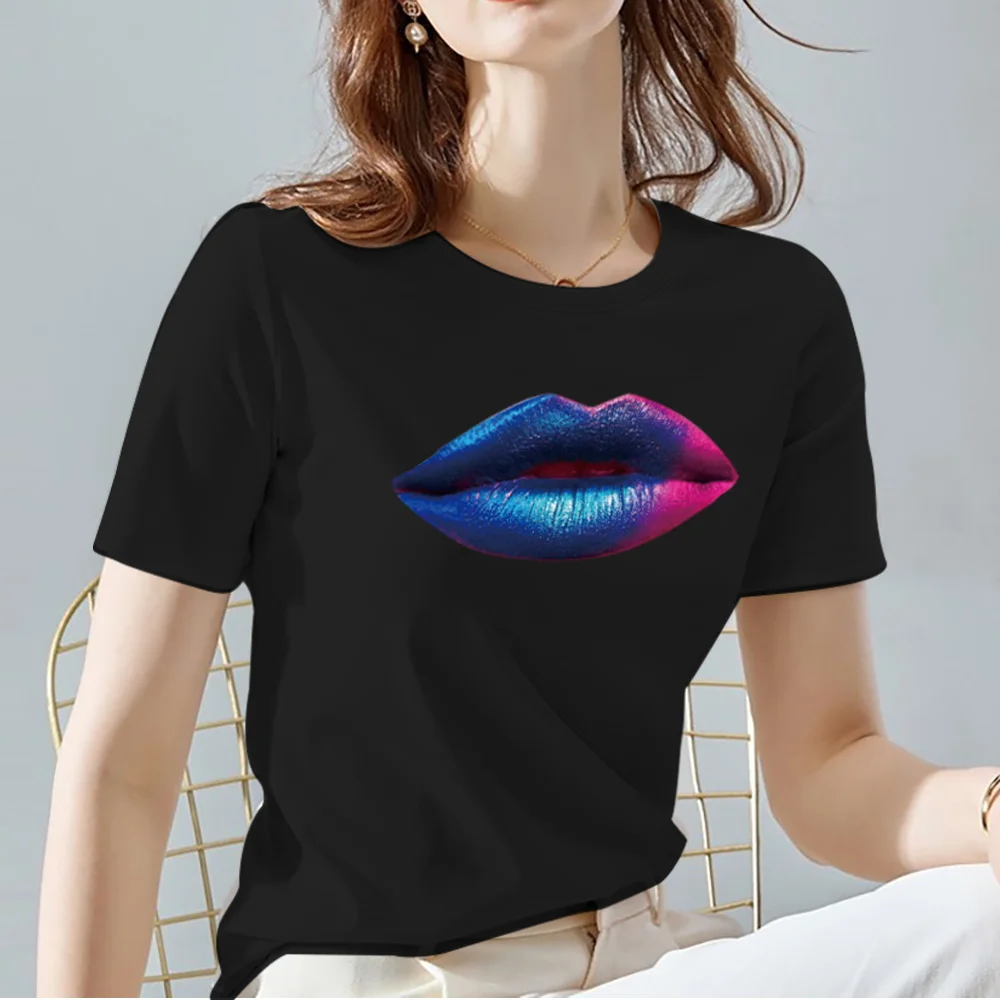 Women's T-shirt Classic Black Comfortable O-neck Top Fashion Sexy Lip Print Pattern Series Short Sleeve T-shirt Soft Ladies Wear