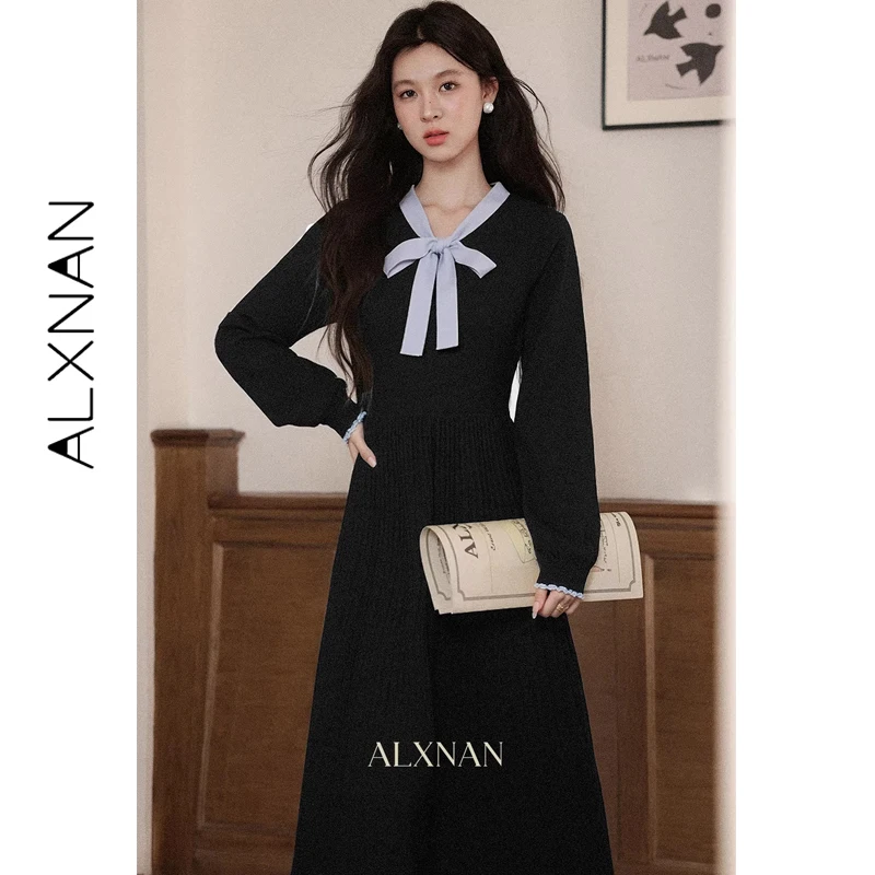 

ALXNAN Women's Dress Elegant Long Sleeve Black White Patchwork High Waist Party Dress Autumn 2025 Long Maxi Dresses DYL663093
